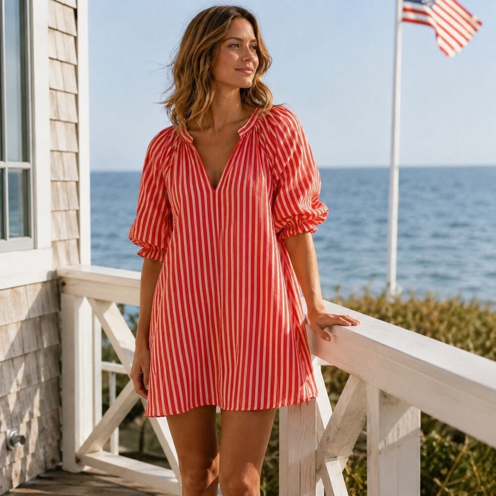 Magaschoni 100% Linen Pinstripe Resort Tunic Dress Large Nautical Coastal Preppy